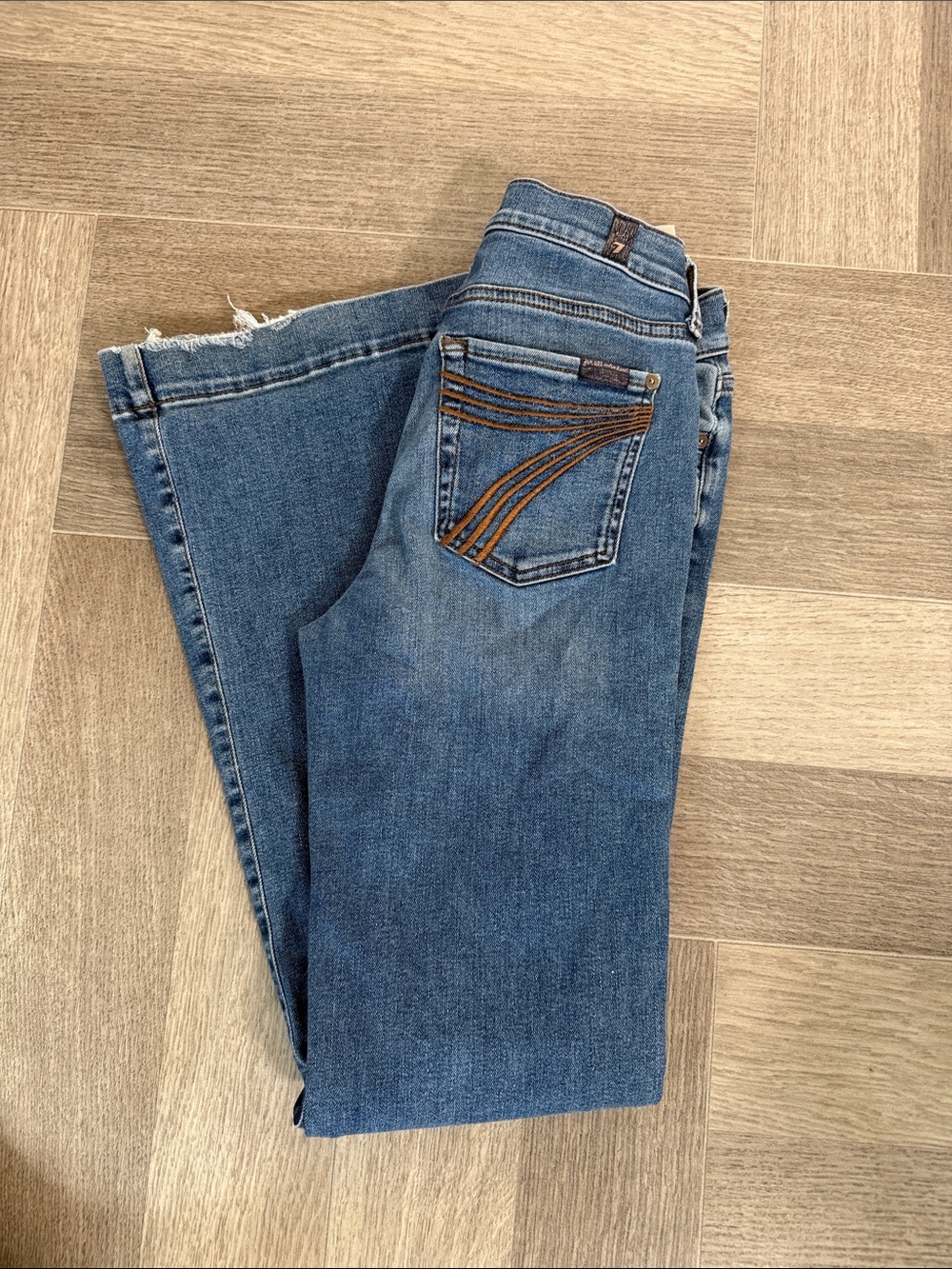 7 For All Mankind Blue Denim Flare Jeans with Contrast Stitching - Picture 1 of 4